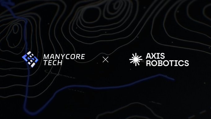 A dark graphic with topographic line patterns displaying the logos 'MANYCORE TECH' and 'AXIS ROBOTICS' separated by an 'X' symbol.