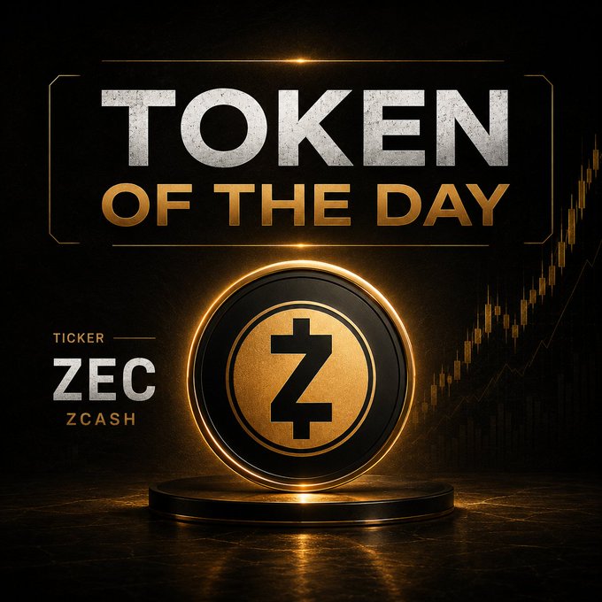 A 'Token of the Day' promotional graphic featuring a golden coin with the 'Z' symbol for 'ZEC / ZCASH', set against a dark background with an upward-trending financial candlestick chart.