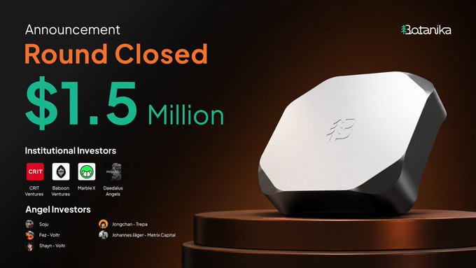 A promotional announcement for Botanika showing a $1.5 million funding round closed, featuring institutional investors (CRIT Ventures, Baboon Ventures, Matrix X, Daedalus Angels) and angel investors (Solu, Fez - Voltr, Shayn - Voltr, Jongchan - Trepa, Johannes Jäger - Matrix Capital), alongside a 3D rendered device.