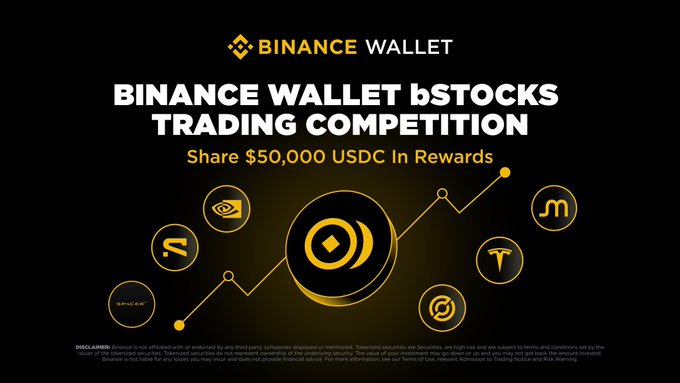 Binance Wallet bStocks Trading Competition promotional graphic announcing a $50,000 USDC reward pool for trading tokenized securities on BNB Smart Chain. The image features Binance Wallet branding alongside circular icons representing bStocks assets, visually reinforcing the campaign details about the Oct 13–20 trading event with bStocks Finance.