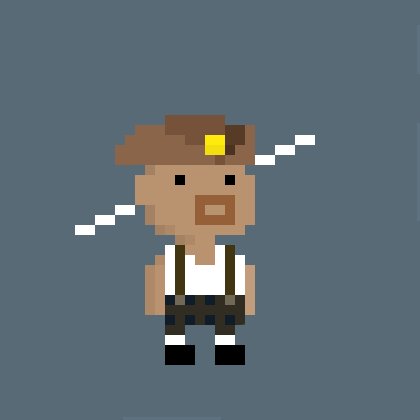 A pixel art character resembling a cowboy or explorer with a brown hat featuring a yellow emblem, suspended against a gray background.