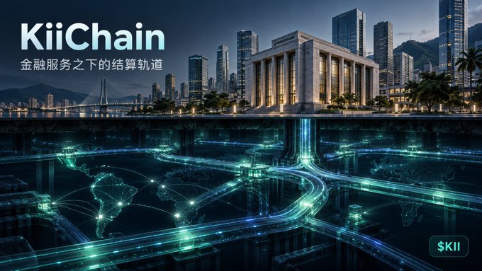 A futuristic cityscape advertisement for "KiiChain" features Chinese text "金融服务之下的结算轨道" and a $KII ticker, with glowing digital networks overlaid on the water.