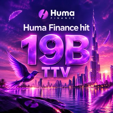 A promotional graphic for 'Huma Finance' displaying '19B TTV' in large purple 3D lettering, featuring a purple hummingbird over a stylized city skyline (resembling Dubai's Burj Khalifa) against a sunset backdrop.
