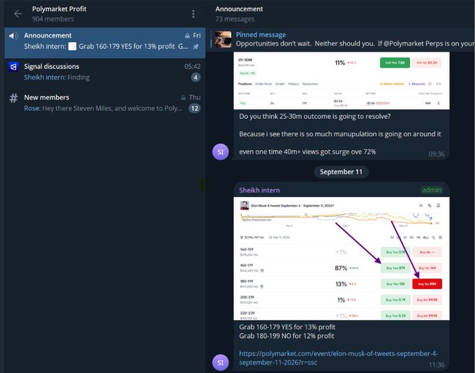A screenshot of a Telegram group called 'Polymarket Profit' showing announcements and discussions about Polymarket bets regarding Elon Musk tweets and view counts.