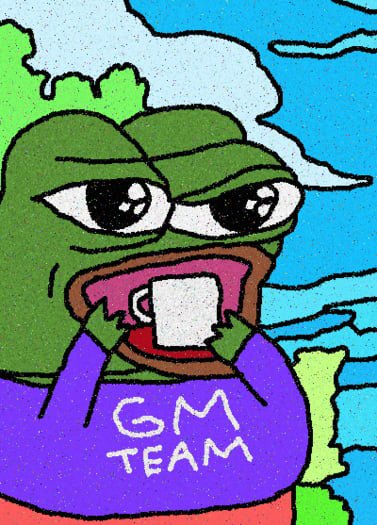 A pixelated-style illustration of Pepe the Frog drinking from a white mug, wearing a purple shirt labeled "GM TEAM" against a blue and green background.