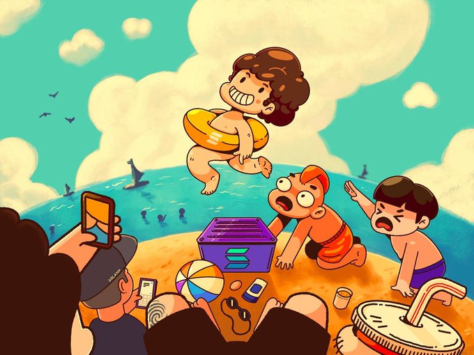 A cartoon scene depicts a child joyfully leaping with a yellow inner tube above a beach, while other kids react in panic as onlookers film the chaos on their phones, with a purple storage bin and beach ball scattered nearby—mirroring the post's theme of frenzied excitement and chaos in the crypto markets as diverse assets and institutions rush on-chain to Solana.