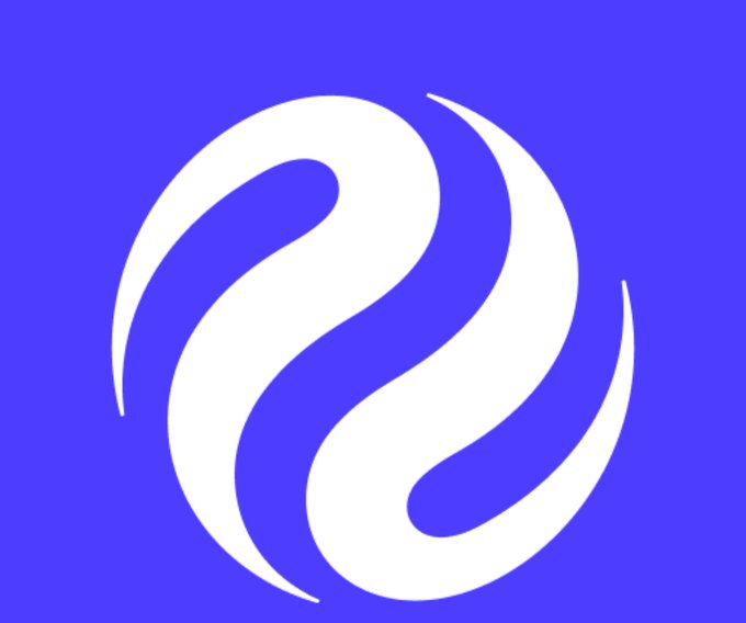 A white abstract logo consisting of two interlocking curved shapes on a solid blue background.