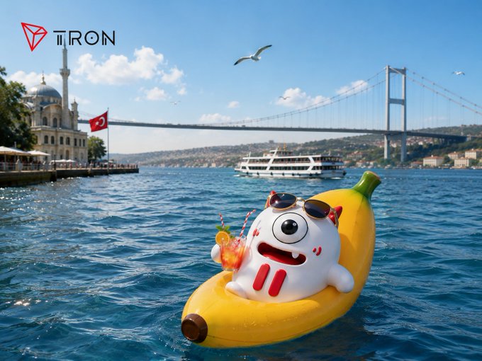 A cartoonish white character wearing sunglasses relaxes on a yellow banana-shaped float in the Bosphorus waters, with a mosque, Turkish flag, ferry, and a large suspension bridge in the background, while seagulls fly overhead. The "TRON" logo in the top left corner ties into the post's message about enjoying a cool morning on the Bosphorus with TRON's signature energy and good vibes.