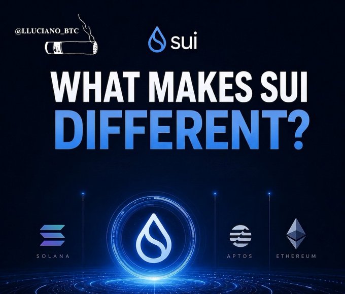 A dark promotional graphic featuring the Sui blockchain logo prominently in the center, surrounded by logos of competing networks (Solana, Aptos, and Ethereum), with the bold headline "WHAT MAKES SUI DIFFERENT?" and a "@LLUCIANO_BTC" handle in the top corner. The image visually supports the post's question by positioning Sui against its main competitors, Ethereum, Solana, and Aptos, inviting a comparison of each blockchain's unique strengths.
