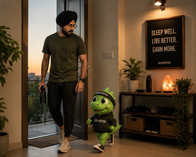 A man wearing a turban enters a home with a small green dinosaur mascot labeled 'Sleep Botchi', alongside a letterboard reading 'Sleep Well. Live Better. Earn More.'