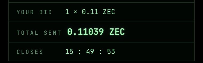 Digital display showing a Zcash (ZEC) auction bid screen with 'YOUR BID: 1 × 0.11 ZEC', 'TOTAL SENT: 0.11039 ZEC', and a countdown timer showing '15:49:53' remaining.