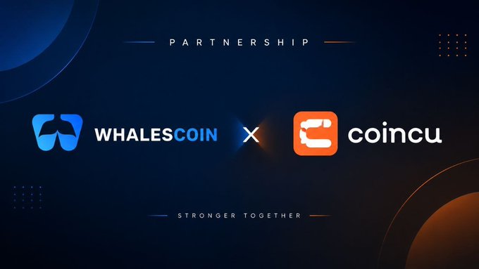 A partnership announcement graphic with a dark blue background, displaying the logos for 'WHALESCOIN' and 'coincu' side by side with an 'X' between them, and the text 'PARTNERSHIP' above and 'STRONGER TOGETHER' below.