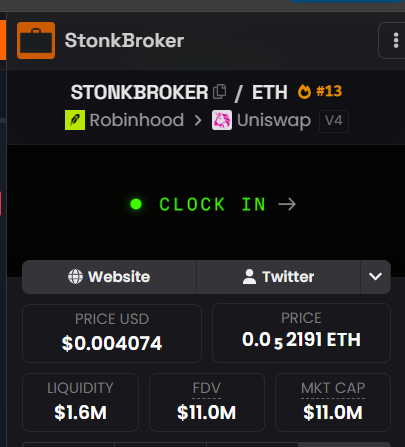 StonkBroker dashboard showing the STONKBROKER token at #13 on Robinhood, trading at $0.0004074 with $1.6M liquidity and $11.0M FDV on Uniswap V4.
