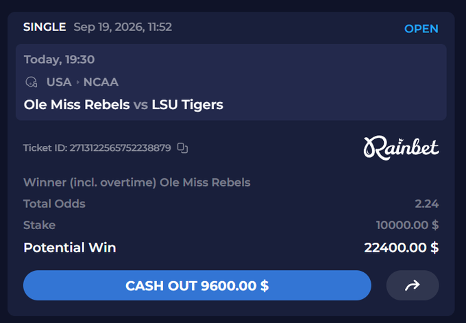 A Rainbet betting slip showing a $10,000 wager on Ole Miss Rebels to beat LSU Tigers with potential winnings of $22,400 and a $9,600 cash-out option, reflecting the poster's "In Chambliss we trust" confidence in their bet.