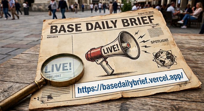 A vintage-style newspaper titled 'BASE DAILY BRIEF' lies on a wooden table next to a magnifying glass, featuring illustrations of a megaphone labeled 'LIVE!' and 'SPOTLIGHT', with the URL 'https://basedailybrief.vercel.app/' at the bottom.