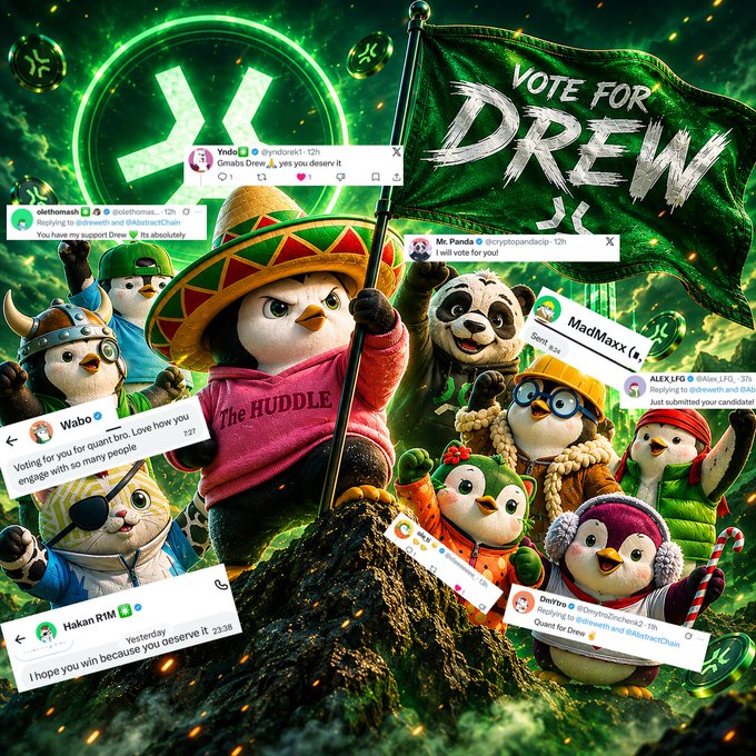 The image features a poster with a cartoon penguin character wearing a pink shirt and sombrero hat surrounded by other cartoon penguins. The poster also includes text that reads "Vote for Drew" and "The Huddle". There are several social media posts on the poster, including mentions of Twitter handles like "@AbstractChain", "@Quants", and "@DrewForDrew". These posts show appreciation from the community towards the character and the post about voting for Drew.