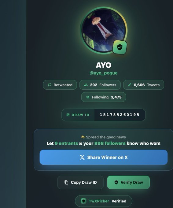 A TwWPicker verified draw result page for winner AYO (@ayo_pogue) showing Draw ID 151785260195 with 9 entrants and 898 followers.