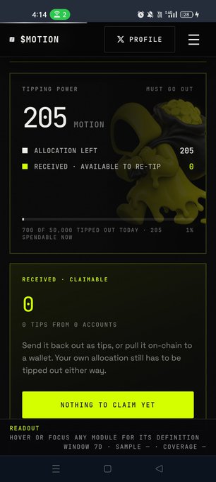 A screenshot of the Motion cryptocurrency platform's profile page showing 205 $MOTION tokens, 205 remaining tip allocation with 0 available to re-tip, 0 claimable tips from 0 accounts, and 700 of 50,000 tipped out today.