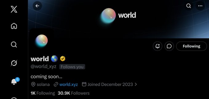 A screenshot of the X (Twitter) profile for "world" (@world_xyz), a Solana-based account with 30.9K followers and "coming soon..." as its bio, showing that the user is now being followed by the World project, signaling bullish sentiment toward its upcoming launch.