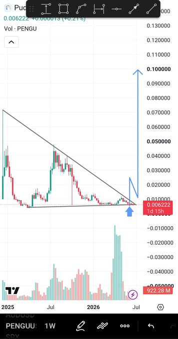 A weekly candlestick chart of PENGU/USD on TradingView displays the cryptocurrency consolidating within a symmetrical triangle pattern near $0.006222, with a blue arrow projecting a potential breakout toward the $0.100000 resistance level. Volume bars at the bottom and the annotated triangle pattern visually reinforce the bullish "10x" breakout thesis mentioned in the post.