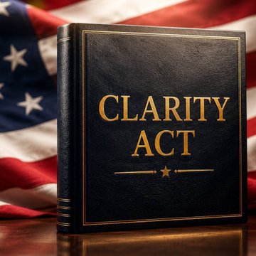A leather-bound book titled "CLARITY ACT" rests on a wooden surface with an American flag draped in the background, symbolizing the proposed U.S. legislation. The image visually reinforces the post's update about diminishing prospects for the bill's passage, with Polymarket odds dropping to just 16% for enactment in 2026.