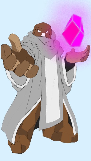 A digital illustration of a brown, rocky humanoid character wearing a gray robe, holding a glowing pink/magenta crystal in one hand against a light blue background.