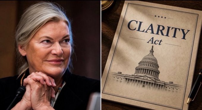 A side-by-side image shows Senator Cynthia Lummis with her hands clasped beside a document titled "CLARITY Act" featuring an illustration of the U.S. Capitol, illustrating her call to pass the digital asset legislation "now or never."