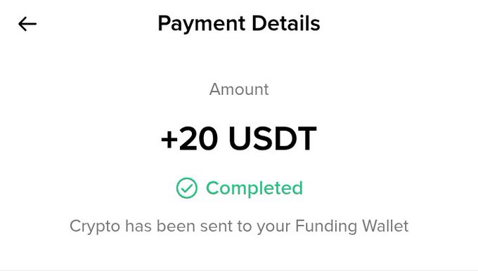 A mobile payment confirmation screen showing "+20 USDT" has been completed, with the crypto successfully sent to the user's Funding Wallet. This visual reinforces the celebratory post about a small win through web3 referrals from @Altcoinsguy and @CryptoRoznama.