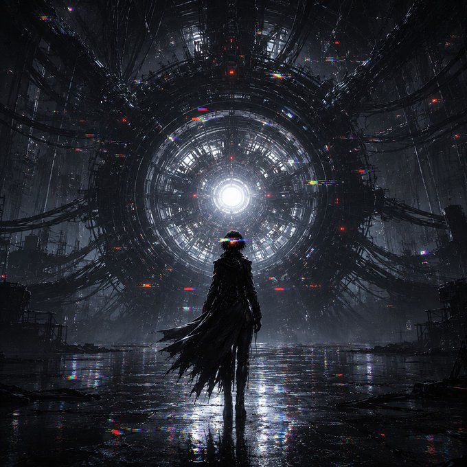 A dark sci-fi digital artwork showing a cloaked figure with a glowing red visor standing before a massive circular mechanical structure with a bright central light.