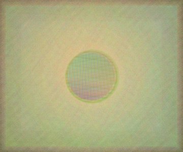 A minimalist digital artwork with a textured yellow-green background featuring a central circular shape with subtle iridescent coloring.