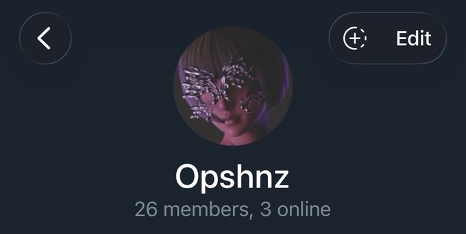 A profile screen for a group called 'Opshnz' showing '26 members, 3 online' with an avatar featuring a woman wearing a decorative silver mask.