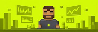 A smaller/cropped version of the pixel art image showing a bearded character with a laptop surrounded by financial charts on a green background.