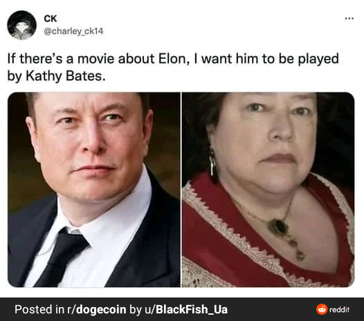 A Reddit screenshot from r/dogecoin showing a tweet by @charley_ck14 that reads 'If there's a movie about Elon, I want him to be played by Kathy Bates,' alongside photos of Elon Musk and Kathy Bates.