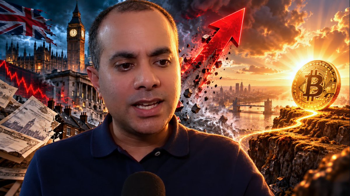 A man speaks into a microphone in front of a dramatic composite background featuring Big Ben with a UK flag, a declining red chart over British pounds, and a Bitcoin coin with an upward red arrow against a sunset skyline.