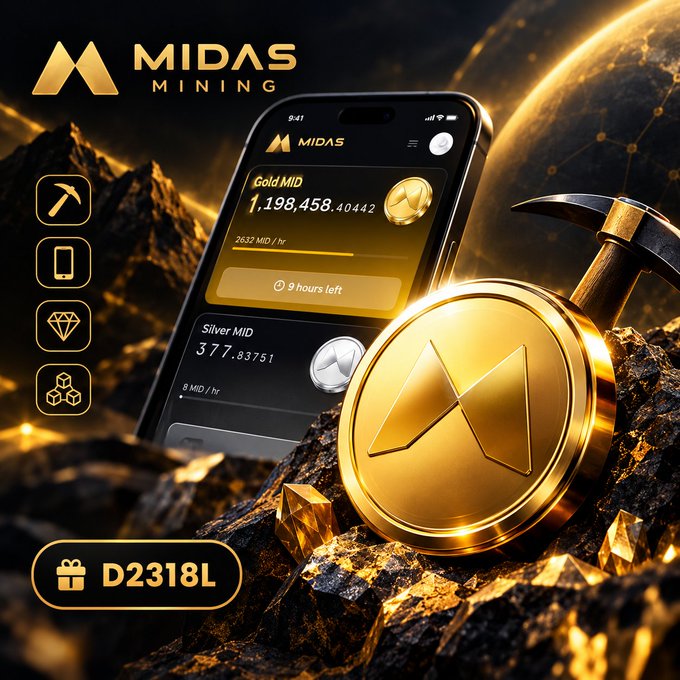 A promotional image for Midas Mining shows a smartphone displaying Gold MID and Silver MID balances, accompanied by gold coins, a pickaxe, and a code 'D2318L'.