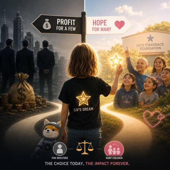A symbolic illustration showing a child labeled "LIV'S DREAM" at a crossroads between "PROFIT FOR A FEW" (dark cityscape with businessmen and money bags) and "HOPE FOR MANY" (bright scene with children and "LIV'S STARGRACE FOUNDATION"), with the caption "THE CHOICE TODAY, THE IMPACT FOREVER."
