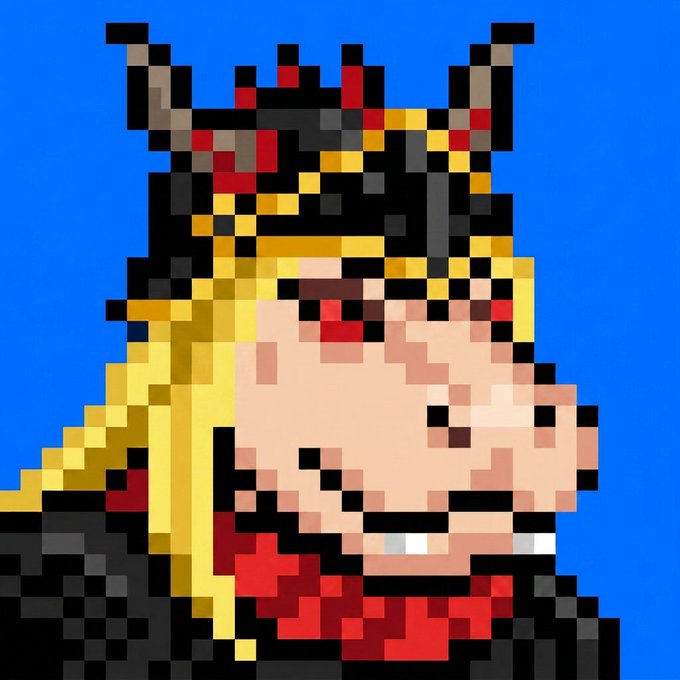 Pixel art profile portrait of a character wearing a black crown with red jewels and blonde hair against a blue background.