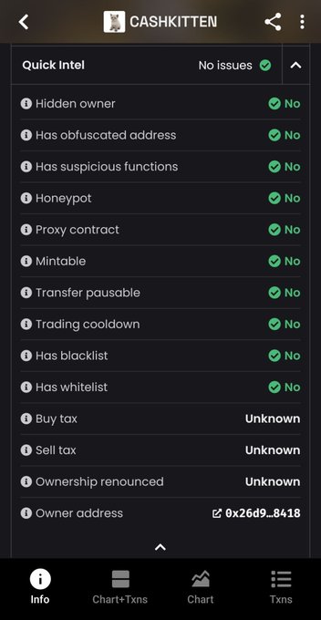 A screenshot of a DexScreener "Quick Intel" analysis page for the CASHKITTEN token, showing "No issues" green checkmarks across all security checks including hidden owner, honeypot, mintable, and blacklist status, with the owner address listed as 0x26d9...8418. The post praises CASHKITTEN's community while referencing a fix to the DexScreener page displayed in the image.