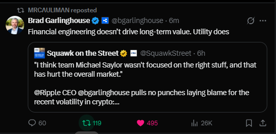 Screenshot of a repost by MRCAUIIMAN featuring a tweet from Ripple CEO Brad Garlinghouse stating 'Financial engineering doesn't drive long-term value. Utility does,' responding to criticism from Michael Saylor.
