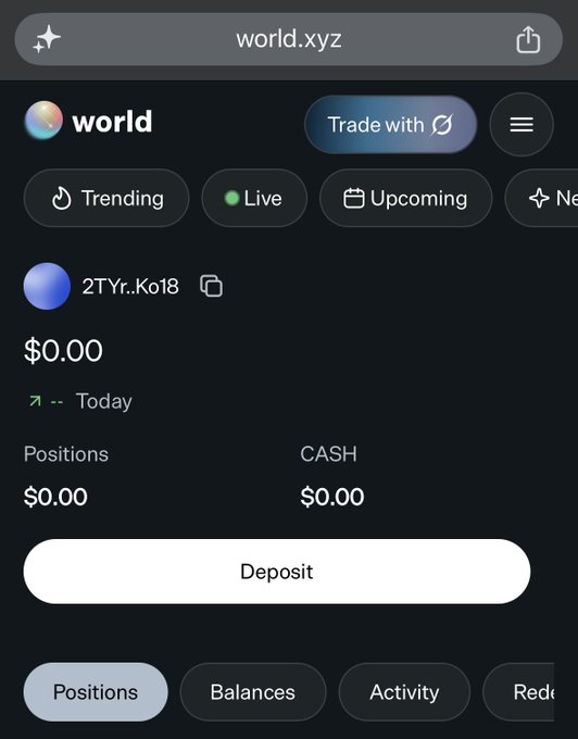 The image shows the world.xyz platform interface displaying a user account (2TYr..Ko18) with $0.00 balance in both Positions and Cash, despite a Deposit button being available. This empty wallet visually supports the complaint about deposits not being credited, illustrating the user's claim that their $10 deposit has yet to appear.