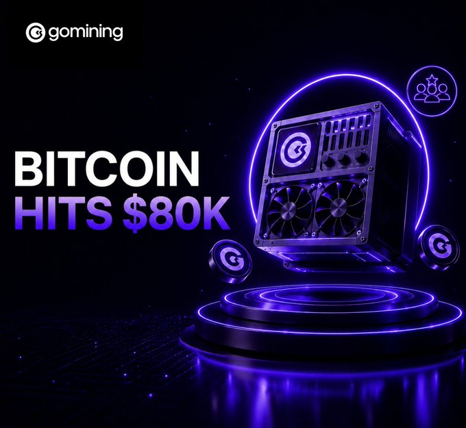 A GoMining promotional graphic featuring a futuristic mining rig illuminated by glowing purple neon lights on a circular platform, with bold text reading "BITCOIN HITS $80K" alongside icons symbolizing community and the GoMining brand.

The image visually reinforces the post's message by showcasing the very hardware—mining equipment—that produces Bitcoin, contrasting passive traders who "watch" price moves with miners who actively "earn" through their rigs, perfectly capturing the $80K milestone as a moment where miners profit regardless of market timing.