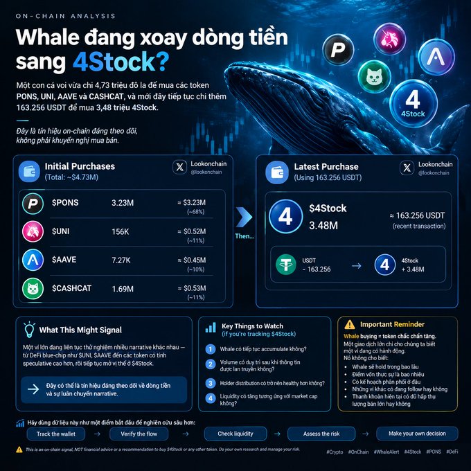 An on-chain analysis infographic in Vietnamese titled 'Whale đang xoay dòng tiền sang 4Stock?' shows cryptocurrency transactions including PONS, SUNI, AAVE, and CASHCAT, with a $4.73M initial purchase and $163,256 USDT converted to 3.48M $4Stock tokens.