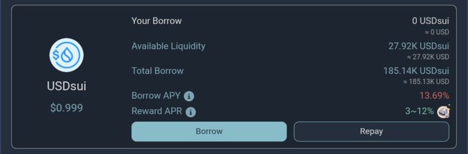 A financial dashboard displays a 'USDsui' token at $0.999, showing 'Your Borrow' of 0 USDsui, 'Available Liquidity' of 27.92K USDsui (≈ 27.92K USD), and a 'Borrow APY' of 13.69%.