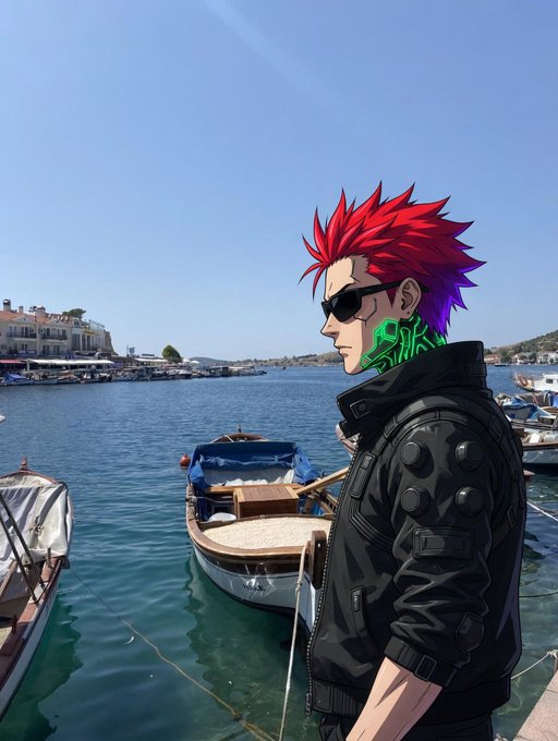 An anime-style character with spiky red and purple hair, wearing sunglasses and a black jacket, standing by a harbor with boats.
