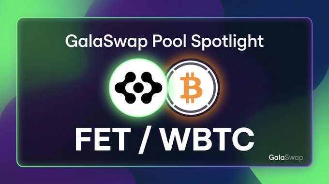 A digital promotional graphic titled "GalaSwap Pool Spotlight" featuring the FET and WBTC cryptocurrency token logos side-by-side, with the pairing "FET / WBTC" prominently displayed below. The image visually highlights the GalaSwap liquidity pool for GFET/GWBTC mentioned in the post, drawing attention to the featured trading pair.