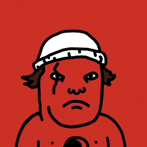 A stylized cartoon illustration of a disgruntled-looking man with brown hair wearing a white backwards cap and a red shirt, set against a solid red background.
