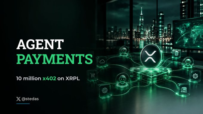 A promotional graphic for 'AGENT PAYMENTS' with green text reading '10 million x402 on XRPL' next to an XRP logo, set against a dark city skyline, posted by X @stedas.