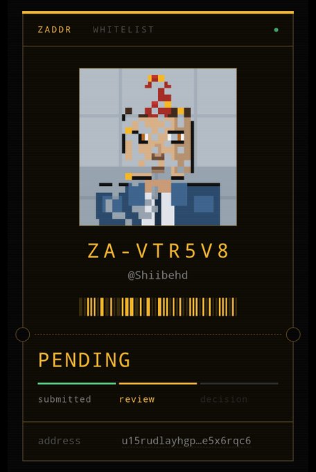 A digital whitelist card displaying a pixel art portrait with the ID "ZA-VTR5V8", username "@Shibehd", and status "PENDING" with a barcode and a wallet address starting with "u15rud1ayhgp".