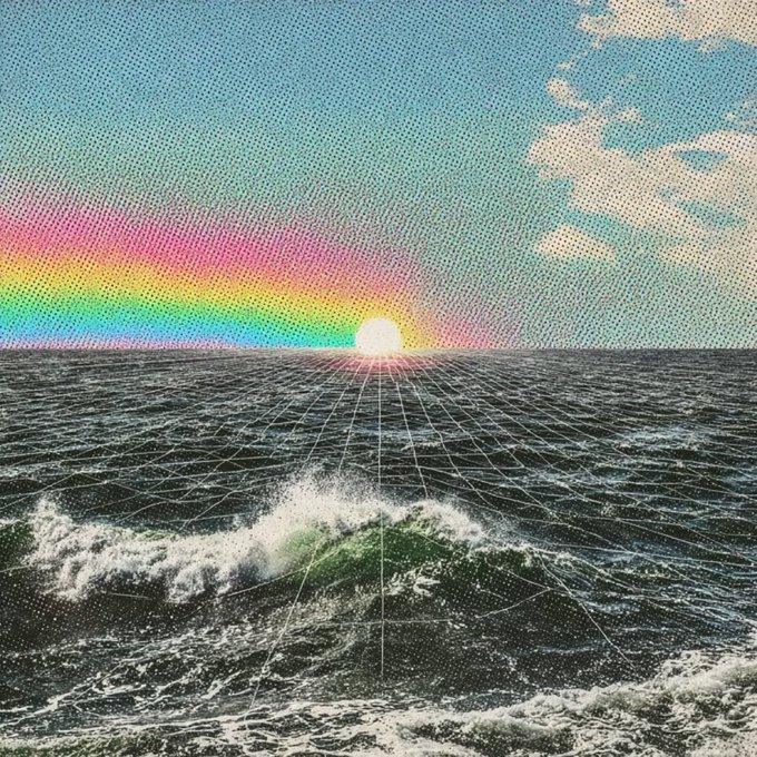 A retro-styled image showing a sunset over a grid-patterned ocean with ocean waves in the foreground, featuring a rainbow spectrum of colors on the left side of the sky.