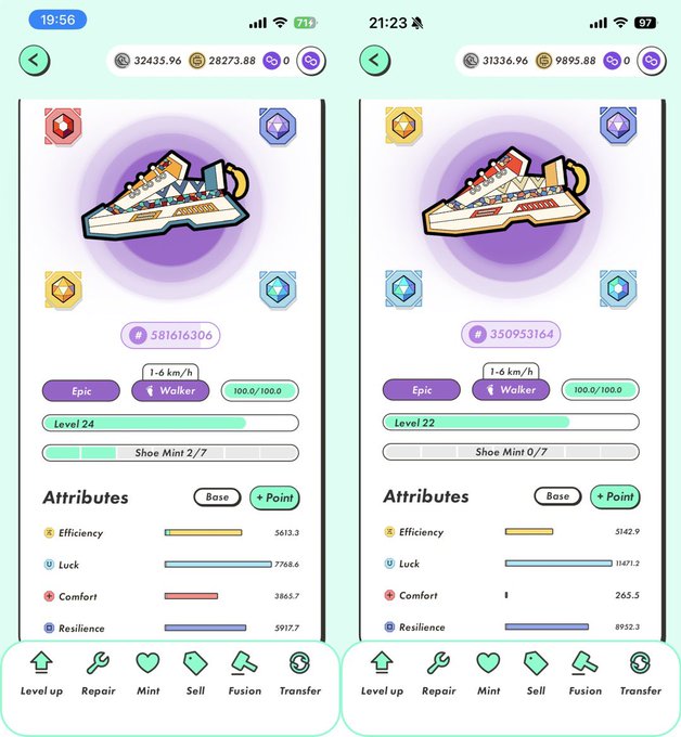 Two side-by-side mobile game screenshots showing detailed stats for Epic Walker shoes at Level 24 and Level 22, displaying attributes like Efficiency, Luck, Comfort, and Resilience.
